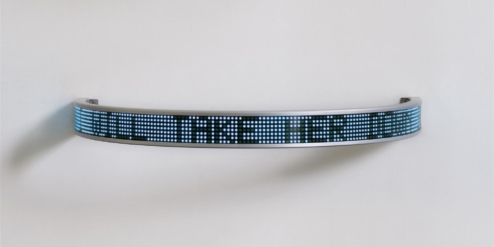 Jenny Holzer  Blue Laments Arno, 2008  semi-circular electronic LED sign, blue diodes, electro-polish aluminum housing with seamless light filter  2 x 21 10 3/4 inches  Edition of 25  $30,000