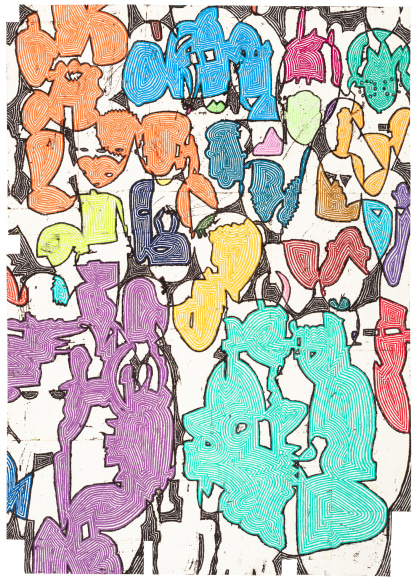 Bo Joseph Melding Cryptic Signs, 2022 oil pastel, acrylic and tempera on joined paper 59 5/8 x 42 1/8 inches
