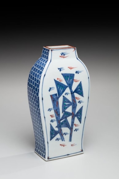 Flattened, round-shouldered sometsuke vessel with rectangular mouth depicting thistle grasses with honeycomb-patterned sides