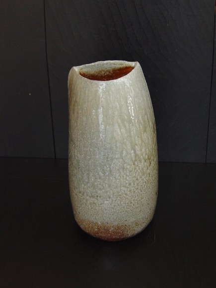 Tilting Tanba vase with moon-shaped opening and natural dripping  ash glaze; 2011