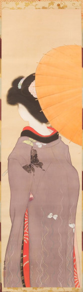 Young beauty with an umbrella seen from behind, ca. 1910