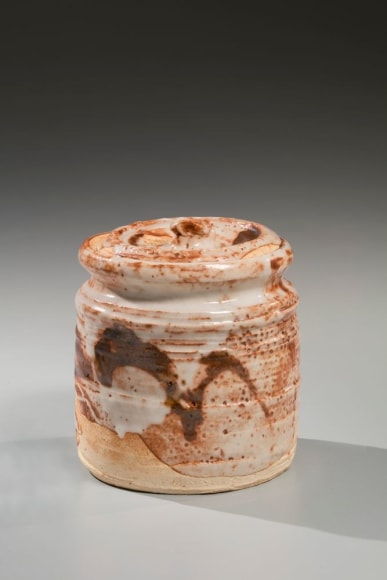 Large white Shino waterjar (mizusashi) with matching cover and iron-oxide brushed designs