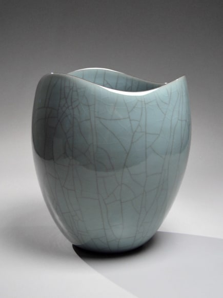Craquelure celadon-glazed vase with undulating mouth rising in three waves, 2019