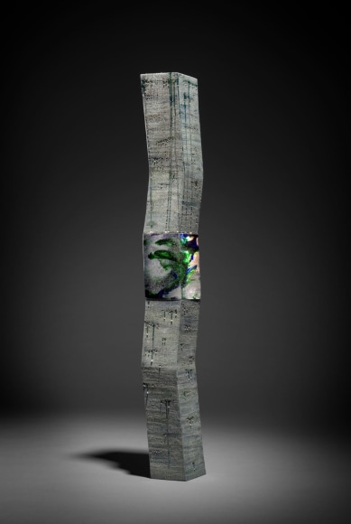 Standing zig-zag sculpture in blue-green with silver mist overglaze, and translucent cast glass separation with floating green patterning. With stainless steell base, 2015