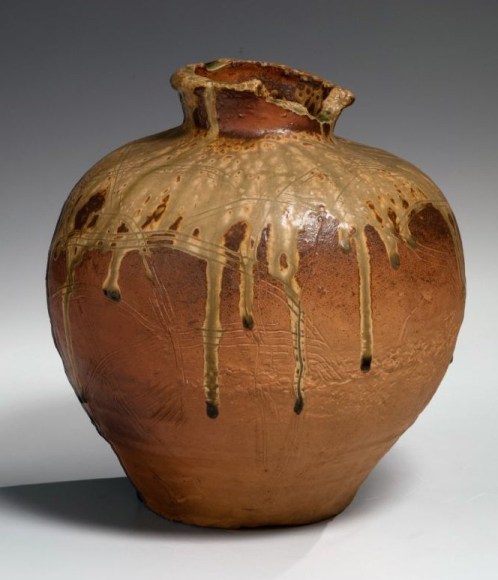 Shigaraki vase with interwoven, combed patterning and dripping ash glaze