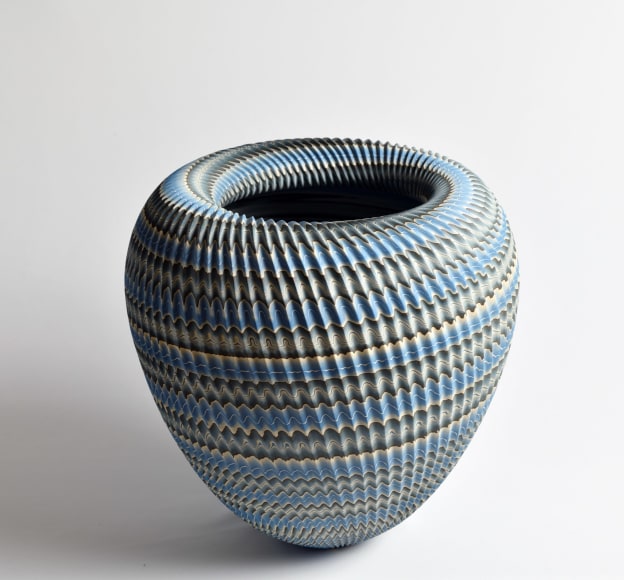 Ogata Kamio (b. 1949), Neriage (marbleized) conical vessel with carved, ridged surface and wide rolled collar titled &quot;Abyss&quot;