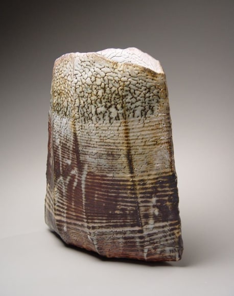 Large thickly potted round vase with an oval mouth and grey shino glaze with wax-resist stripes, 2005