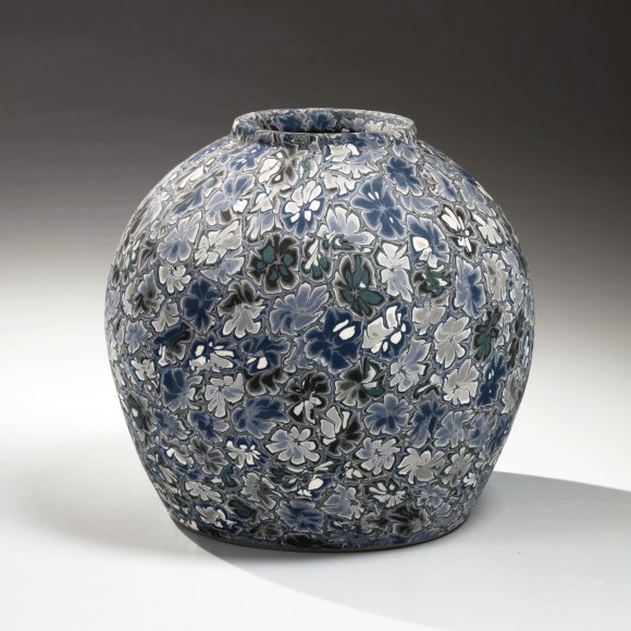 Blue and white neriage&nbsp;(marbleized) vessel with floral patterning, ca. 1988
