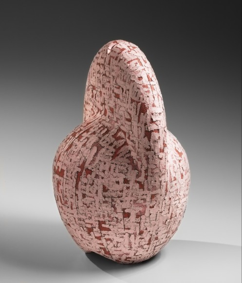 Pink and red abstract sculpture decorated with abstract patterning, 2021
