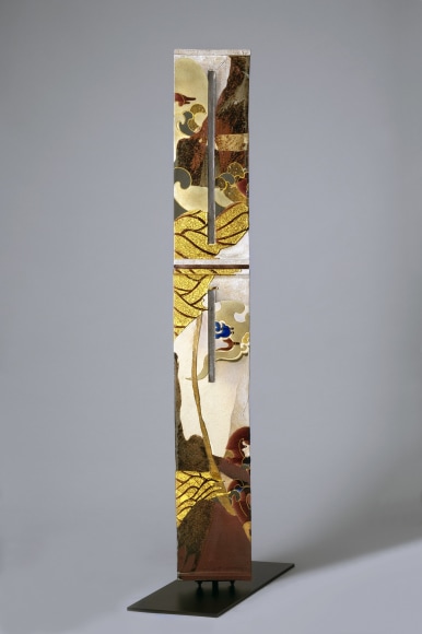 Nakamura Takuo (b. 1945), Standing plaque (two pieces) with clouds and dragon design; with metal base