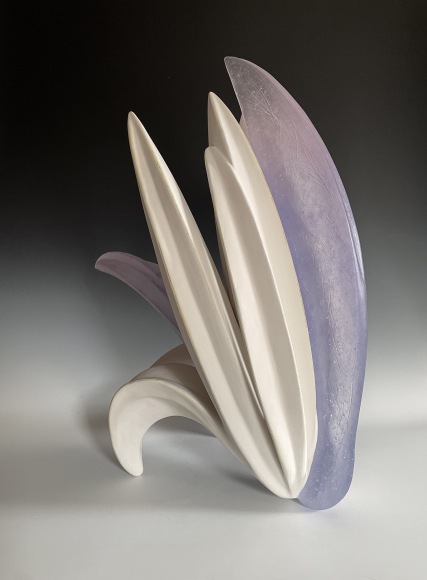 Cornucopia 08, Large blossoming flower sculpture with purple glass petals