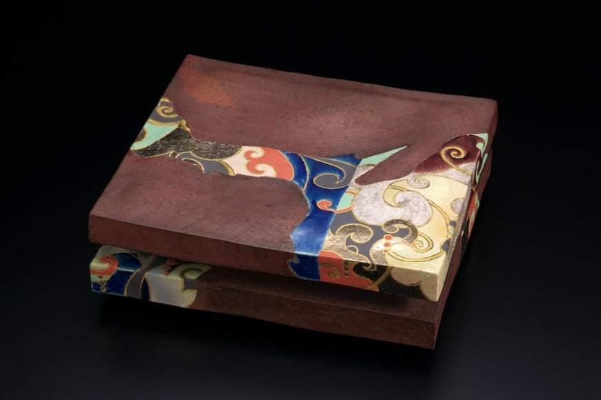 Set of three square plaques with rimpa-inspired abstract design of surging waves, 2010