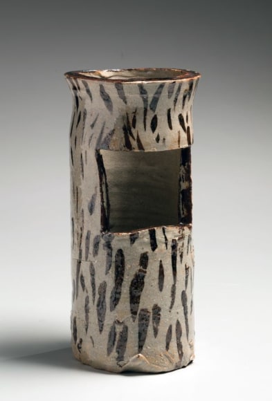 E-Seto type bamboo-shaped vase with bamboo-leaf patterning