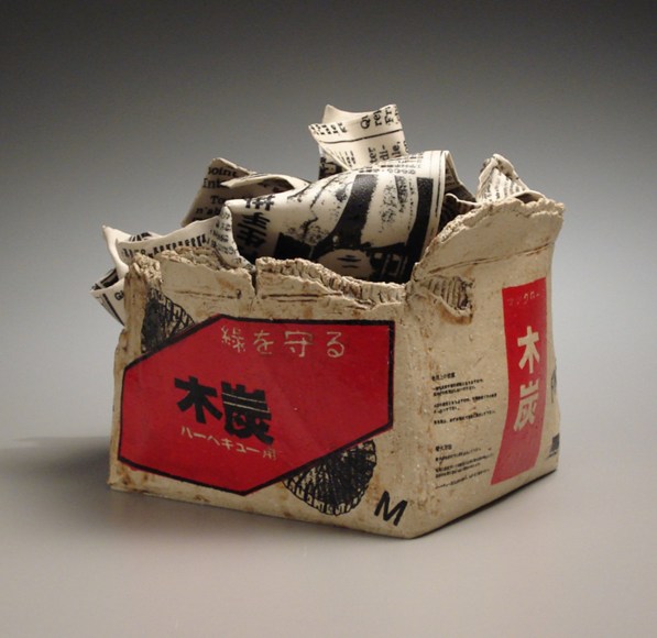 MISHIMA KIMIYO Porcelain sculpture of charcaol box filled with newspaper 