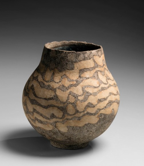 Circular vessel formed with bands of curvilinear colored-clay inlays, 1972