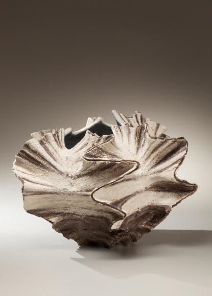 Pleated white and brown large shell-shaped vessel with sea-blue interior, 2010
