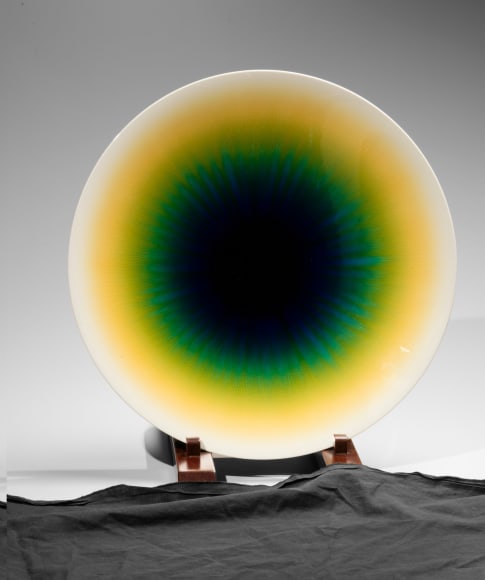 Tokuda Yasokichi III (1933-2009) Round platter with dark blue, emerald green, turquoise and yellow Kutani glazes 1991 (Heisei 3) December Glazed porcelain 3 x 17 7/8 x 17 7/8 in. 7.5 x 43.5 cm. Inv# 10266