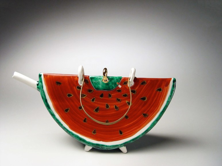 Slice of watermelon shaped covered pitcher, Glazed porcelain