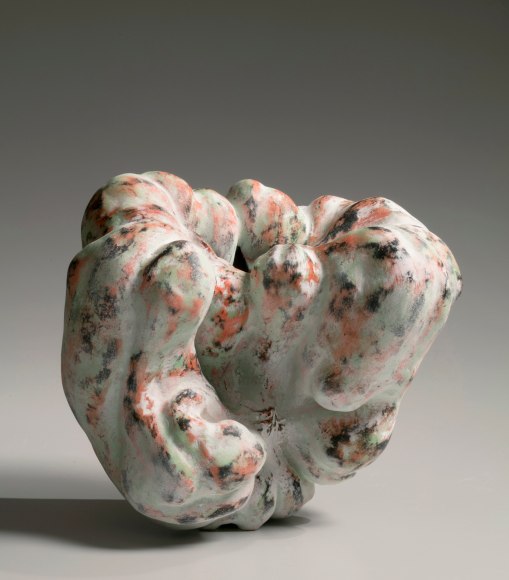 Biomorphic sculpture in the form of a pumpkin with matte glazes in white, red and black, 2018