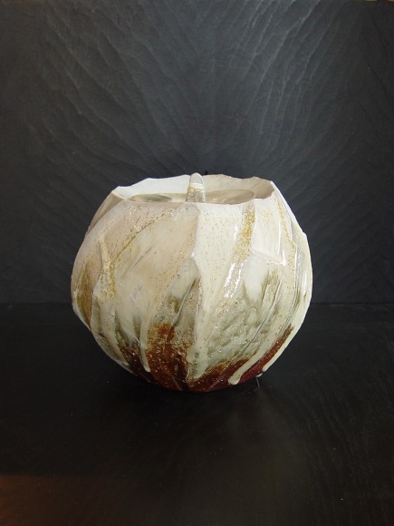 Oval covered Tanba water storage jar with ash glaze covering diagonal banding, 2011