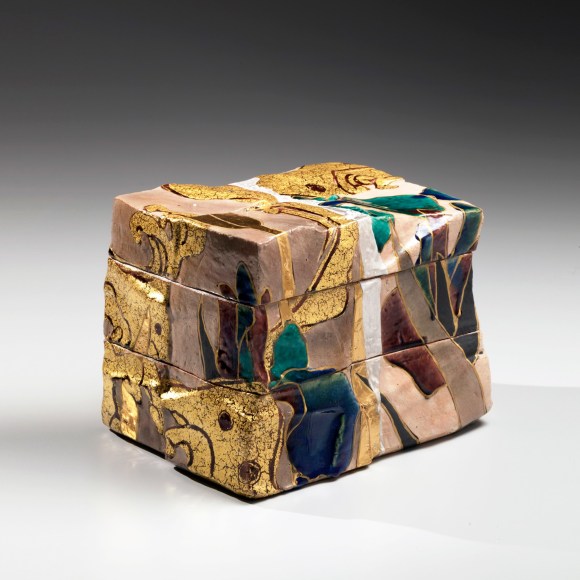 Nakamura, Takuo, Nakamura Takuo, contemporary, art, Japan, ceramics, Japanese, pottery, rinpa, painting, ise, monogatari, glazed, panel, kutani, leaf, pattern, 2015, contemporary Japanese ceramics, stoneware, tiered, box, gold, silver, wave, ivy, iris, box