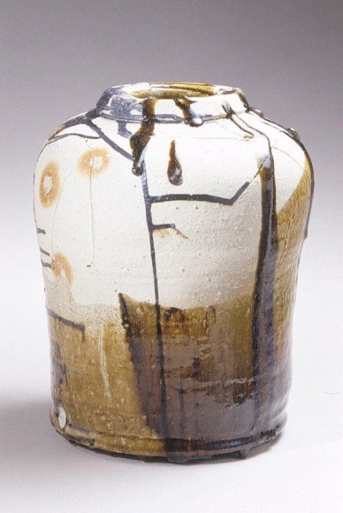 Large stoneware vessel with green&nbsp; Oribe glaze, 2002