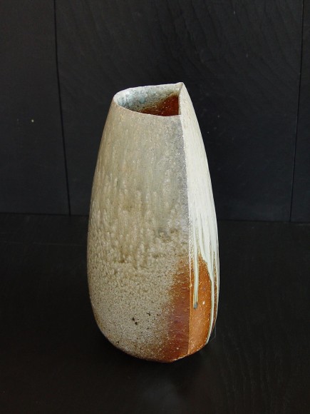 Tilting Tanba vase with moon-shaped opening and natural dripping  ash glaze; 2011
