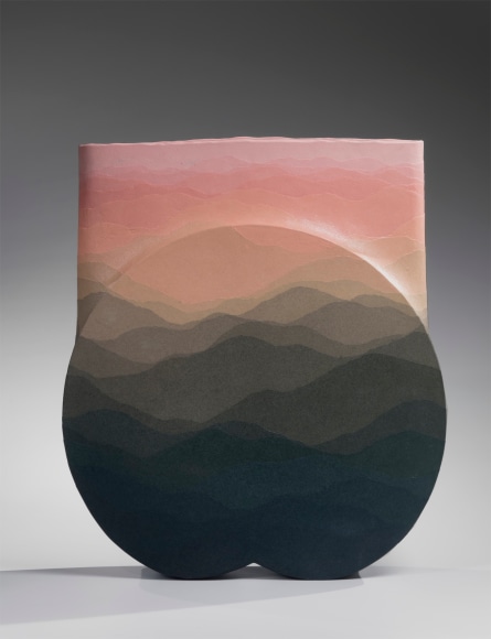 Flattened standing vessel with circular bottom and tall rectangular neck decorated with banding of colored clay, 1991