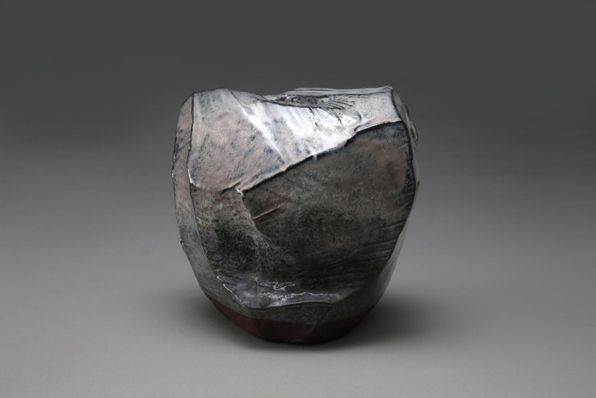 Faceted, scooped-out vessel with Hagi and ash glazes in white, dark brown and pink colorations, 2014