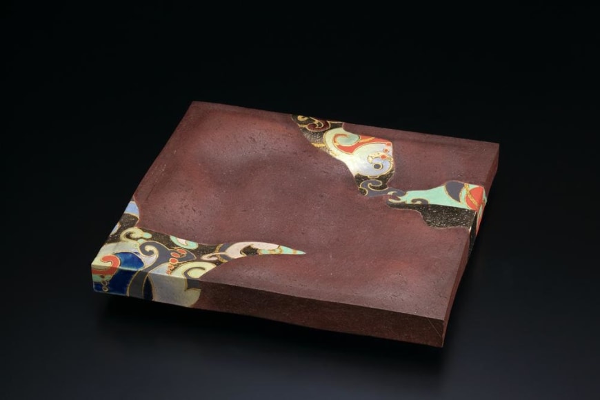 Set of three square plaques with rimpa-inspired abstract design of surging waves, 2010