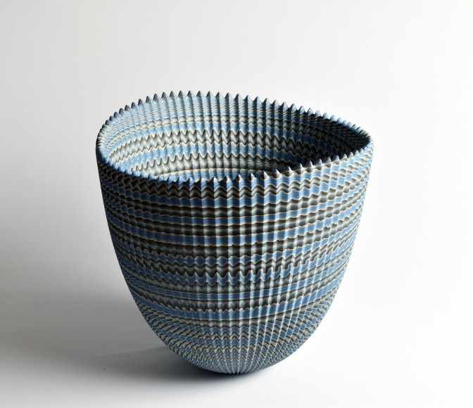 Ogata Kamio (b. 1949), Neriage (marbleized) vessel with&nbsp;carved, ridged&nbsp;surface and spiked mouth titled &quot;Thorn&quot;