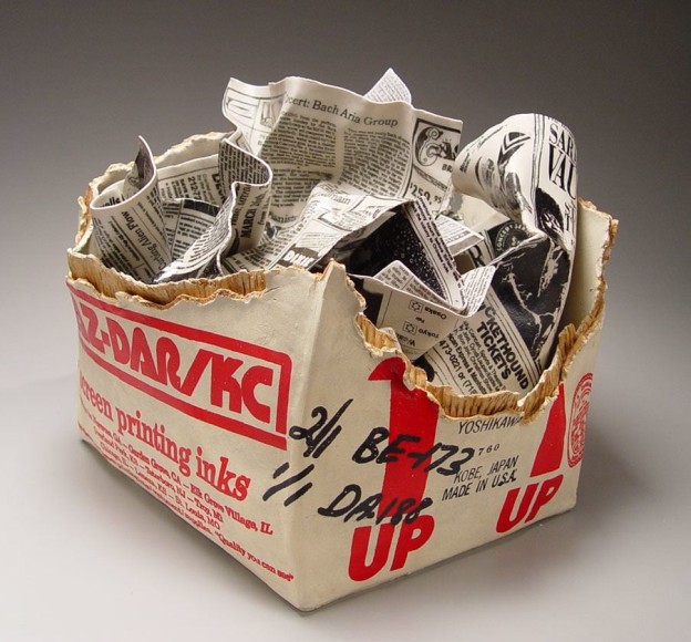 Ceramic sculpture of cardboard box titled &ldquo;Screen Printing Inks&#039; Box&rdquo; with crumpled newspapers, 2005