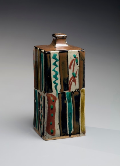 Square bottle-vase with vertical bands and patterning in red and green glazes and persimmon glaze
