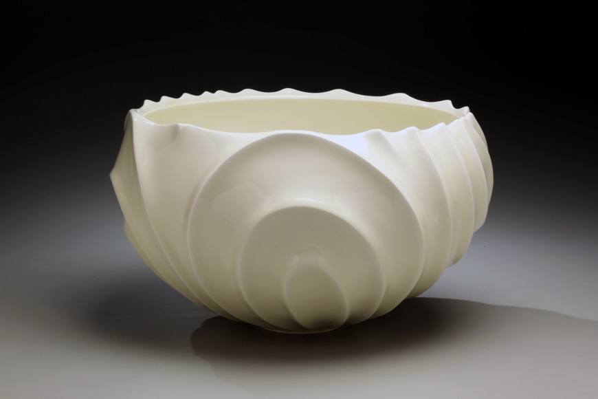 Large pale yellow celadon-glazed globular jar with a carved undulating ridges&nbsp;, 2009