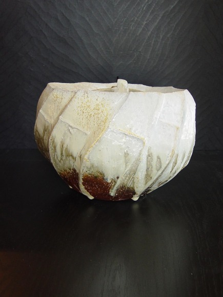 Oval covered Tanba water storage jar with ash glaze covering diagonal banding, 2011