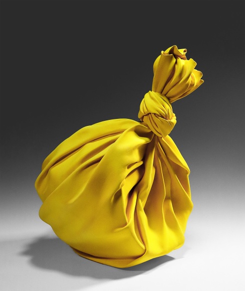 Tanaka Yū (b. 1989), Yellow sculpture in the shape of a knotted furoshiki (wrapping cloth) enclosing a round vessel