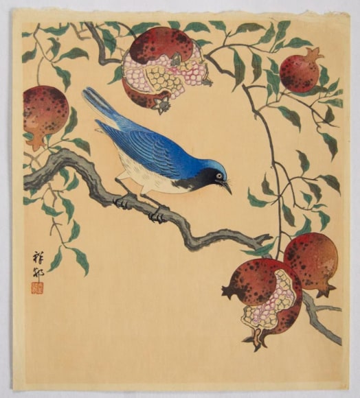 Ohara Koson, (1877-1945), Blue and white flycatcher on a pomegranate branch, 1935, Unusually large shikishiban, Japanese hanga, Japanese shin hanga, Japanese woodblock print