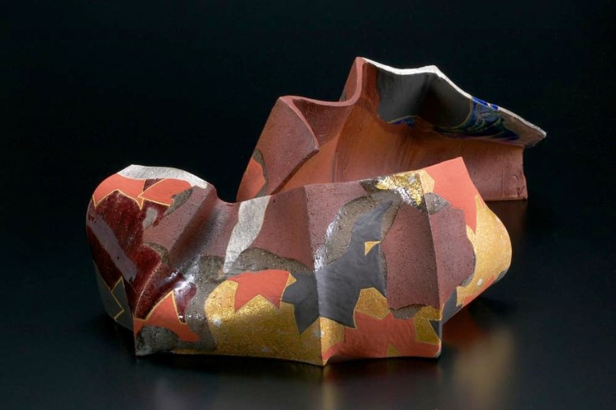 Pair of undulating screen-like forms with abstract kutani-glazed rimpa-inspired decoration of maple leaves, 2012