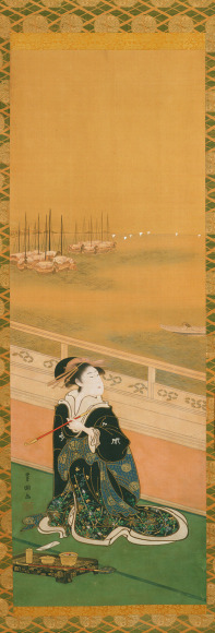 UTAGAWA TOYOKUNI Courtesan smoking a tobacco pipe on a veranda overlooking Shinagawa River