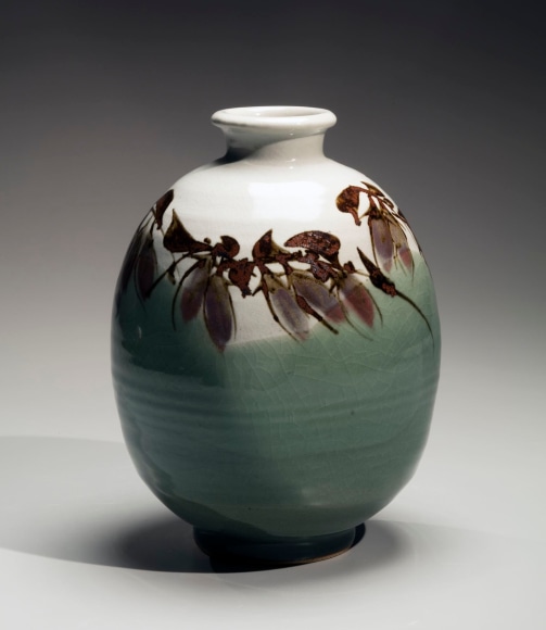 Green ash-glazed, footed vase, ca. 1985