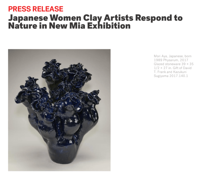 Press Release, Japanese Women Clay Artists Respond to Nature in New Mia Exhibition