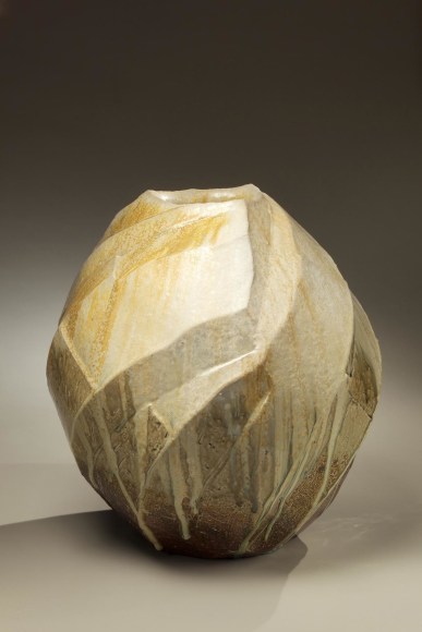 Thickly walled three-sided Tanba vessel with diagonal carved bands and covered in thick dripping ash glaze, 2011