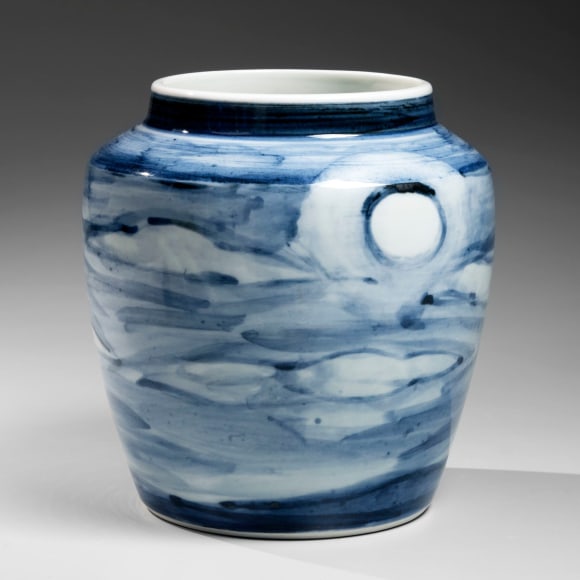 White glazed porcelain vase decorated with a harvest moon in a cloud-filled sky, ca. 1955