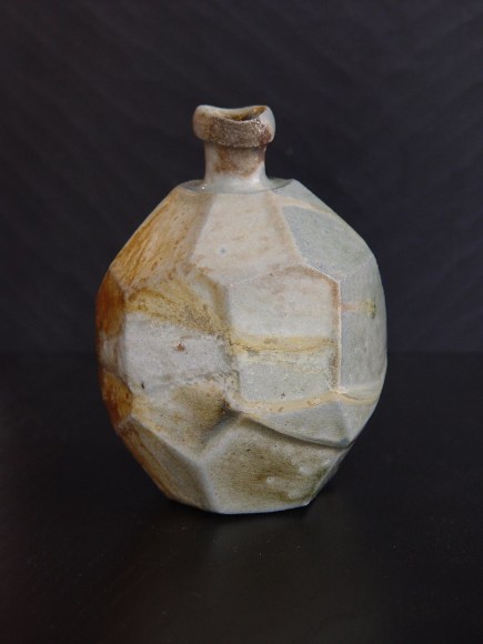 Faceted Tanba tokkuri (sake flask) with light-colored natural ash glaze, 2011