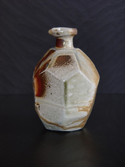 Faceted Tanba tokkuri (sake flask) with light glaze and dripping green ash glaze, 2011
