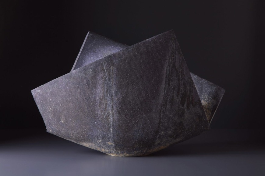 Multi- ﬁred &quot;folded&quot; vessel with surface colorations in blue and purple tones (#12) 