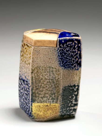 Light brown, blue, olive green and gold-glazed faceted checkerboard basara tea caddy, 2012