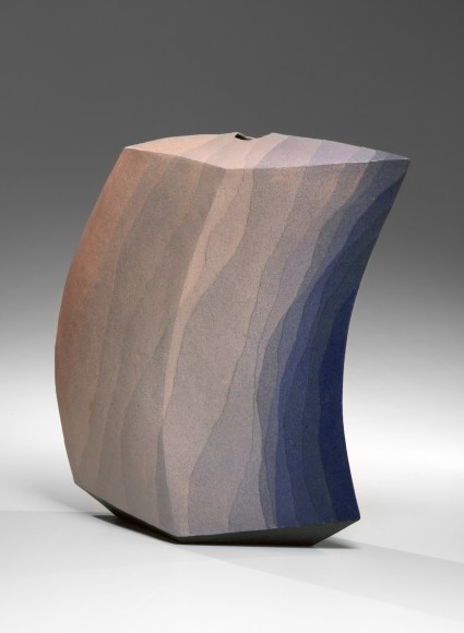 Curved rhomboid sculpture with raised base, covered with bands of colored clay, 2010