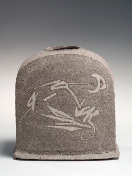 Unglazed gray flattened vessel with curvilinear calligraphic patterning, 1974&nbsp;