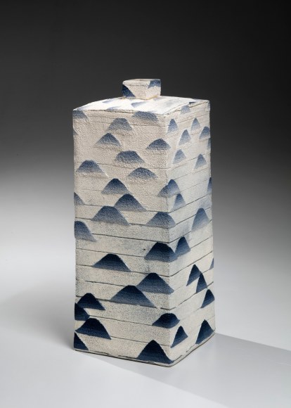 Tree-top patterned, brush-rubbed, neriage (marbleized) rectangular vessel from the series titled Keirin (Beautiful Forest), 1983